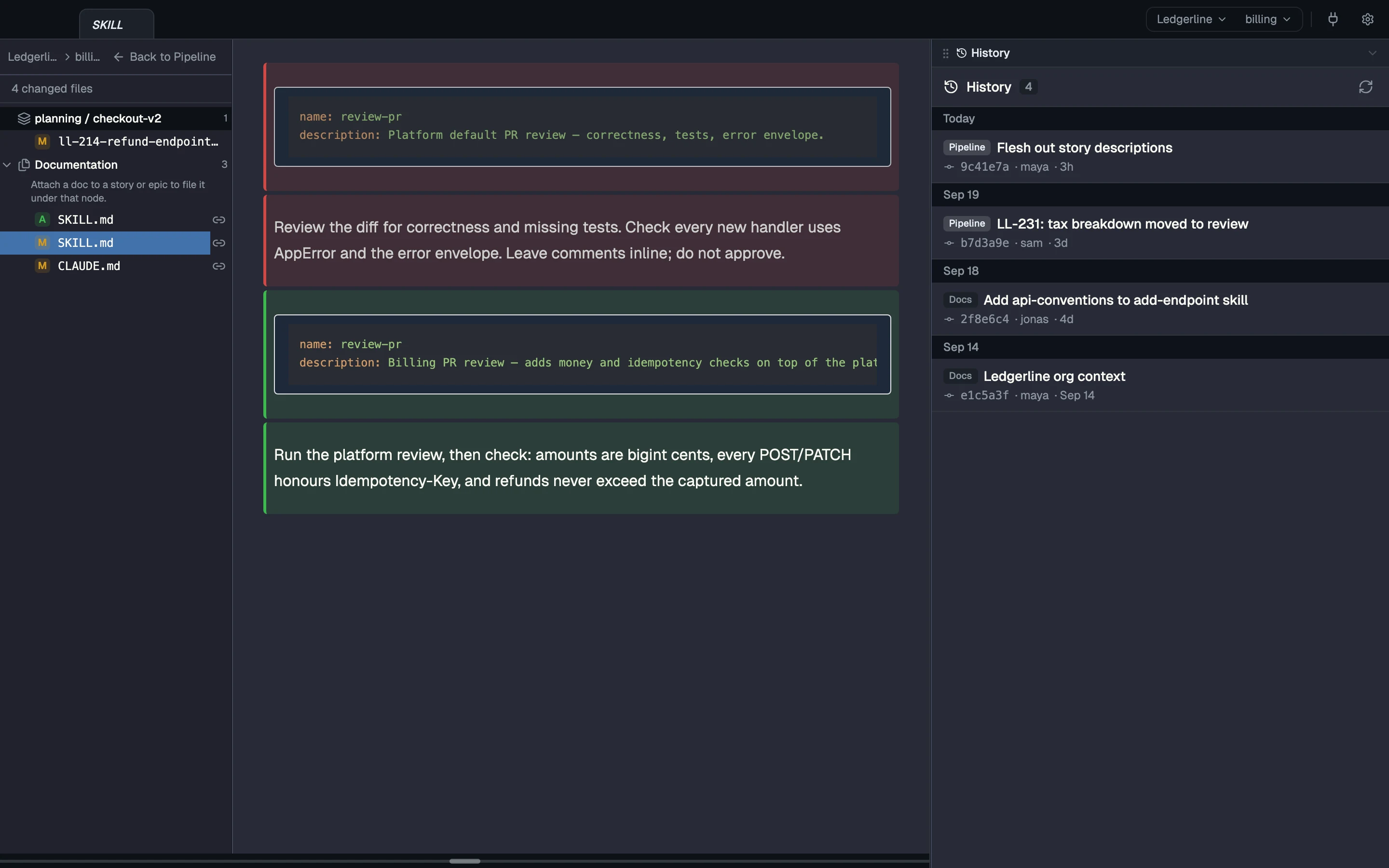 A CodeSense redline of a review-pr SKILL.md: the text inherited from the platform team removed and the billing team's own version added, with commit history alongside.